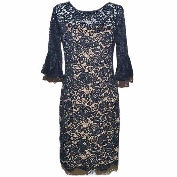 DKNY Black Sheath Embroidered Lace Cocktail Wedding Bell Sleeves Dress Size 4 - Picture 4 of 6